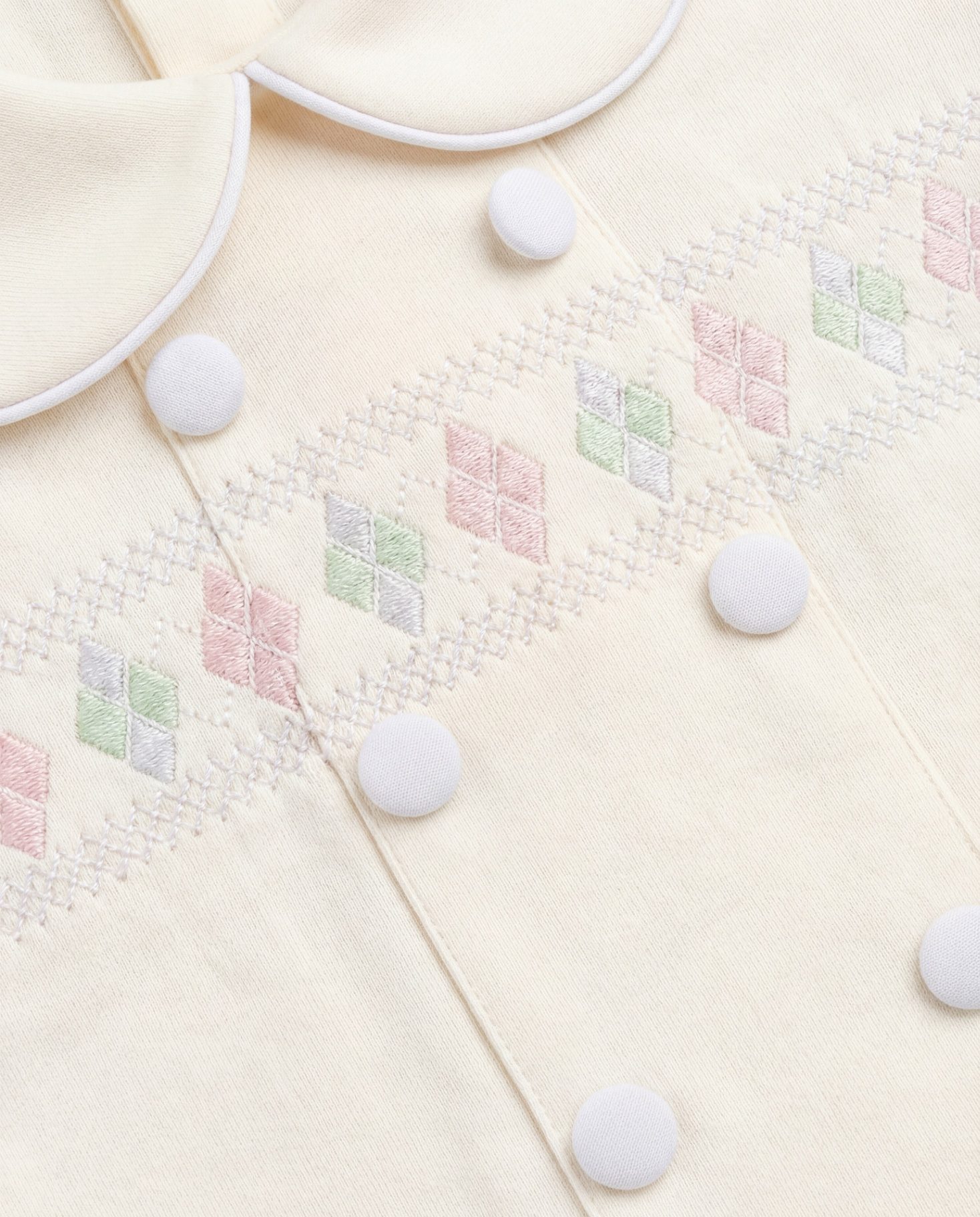 Close-up of smocking and embroidery detail