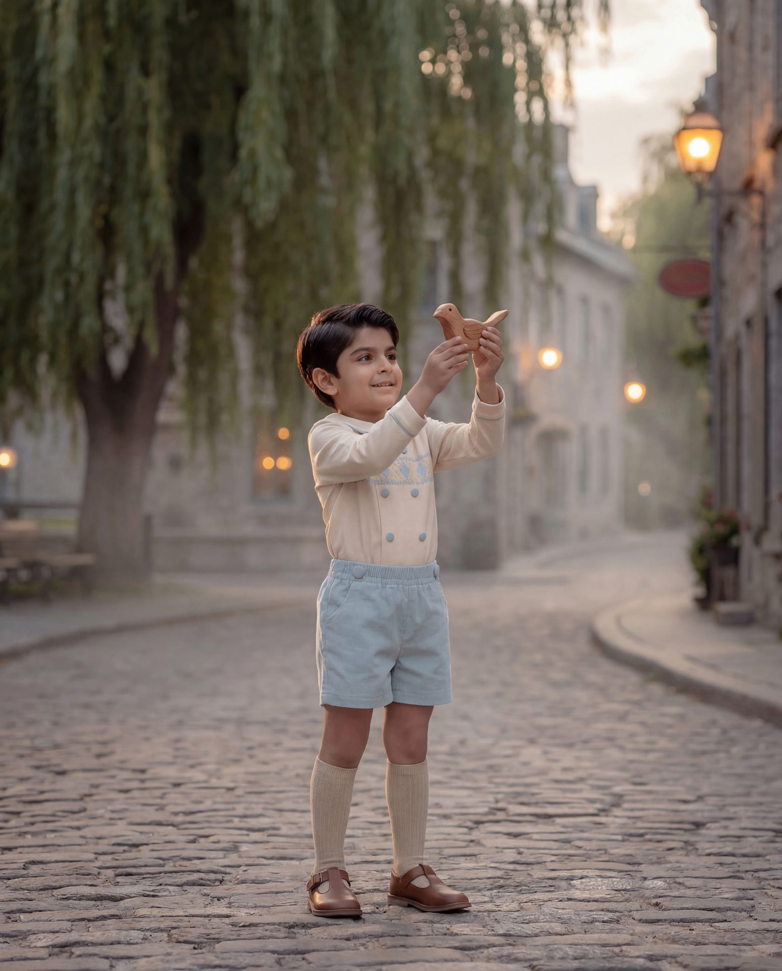 Zavi standing on a misty cobblestone lane at dawn