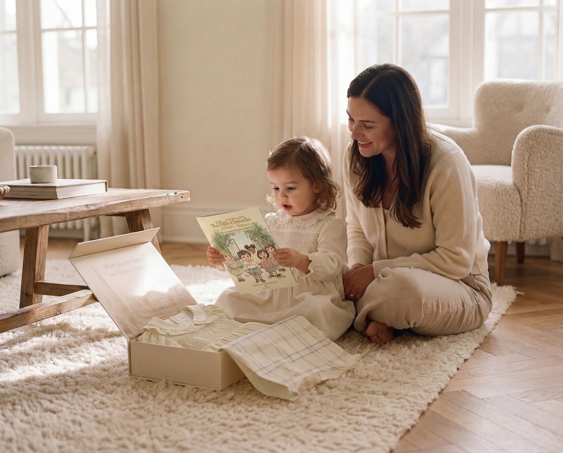 A mother and toddler reading The Petite Chronicles beside an open Petite Loom keepsake box