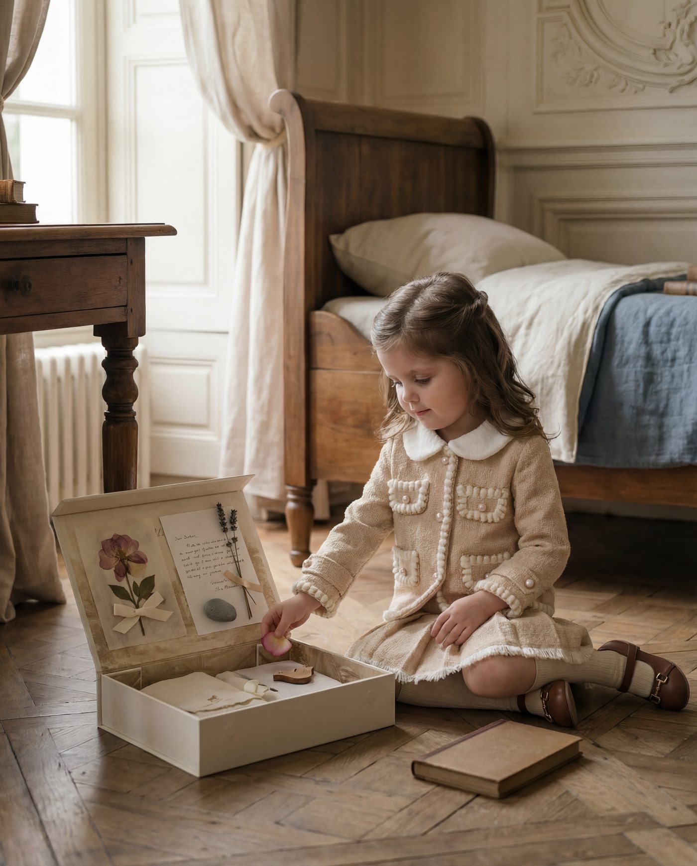 Child placing small treasures into an open keepsake box in her room
