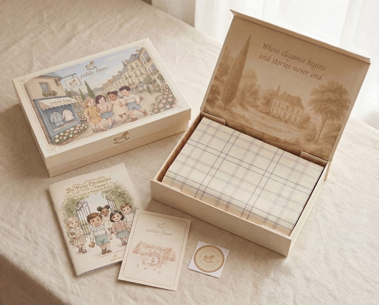 Petite Loom illustrated keepsake box open alongside The Petite Chronicles storybook and printed gift card